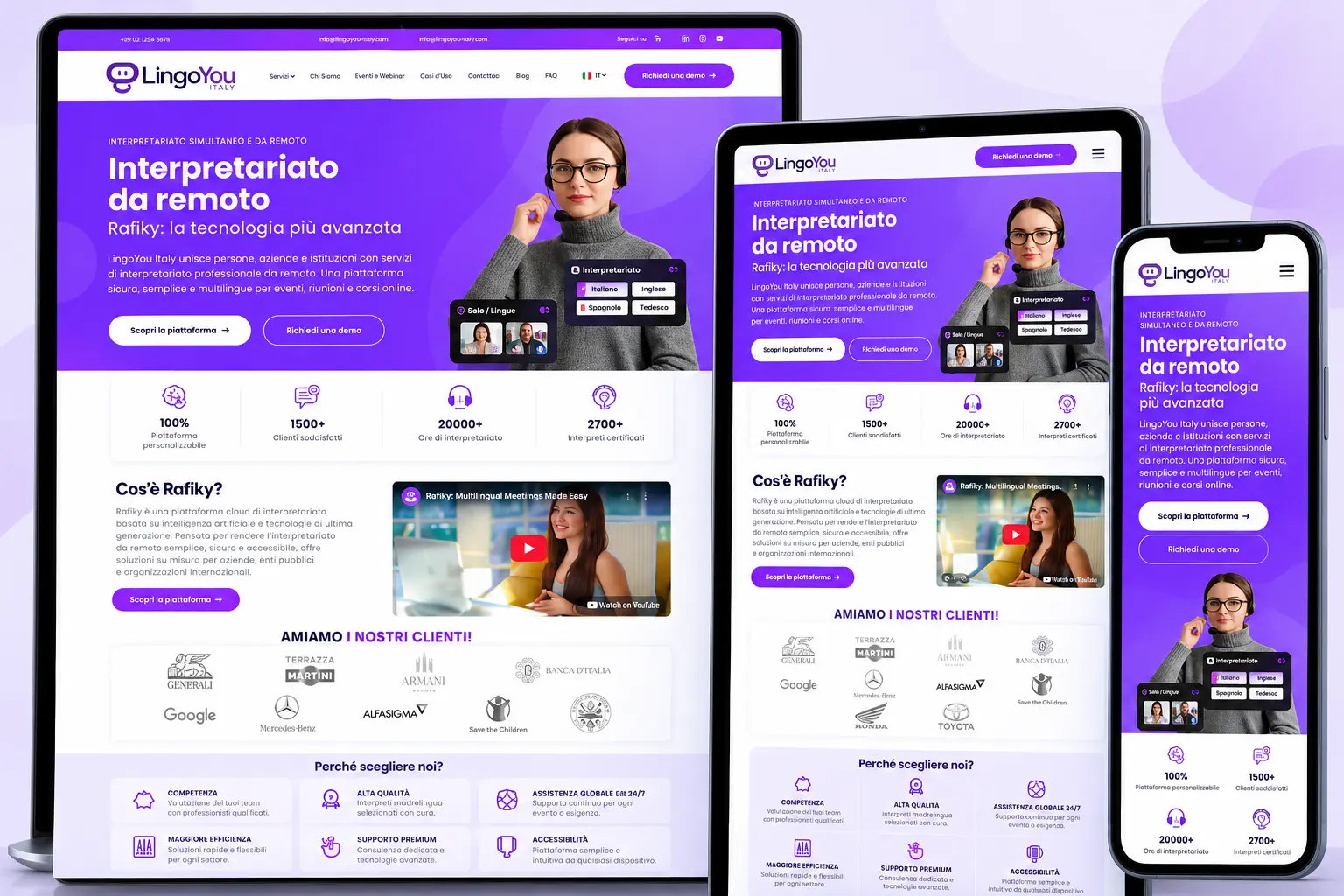 LingoYou Italy AI-powered remote interpretation platform website on desktop, tablet and mobile