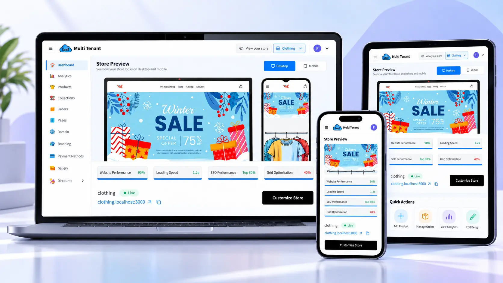 Multi Tenant merchant dashboard showing store analytics and performance metrics